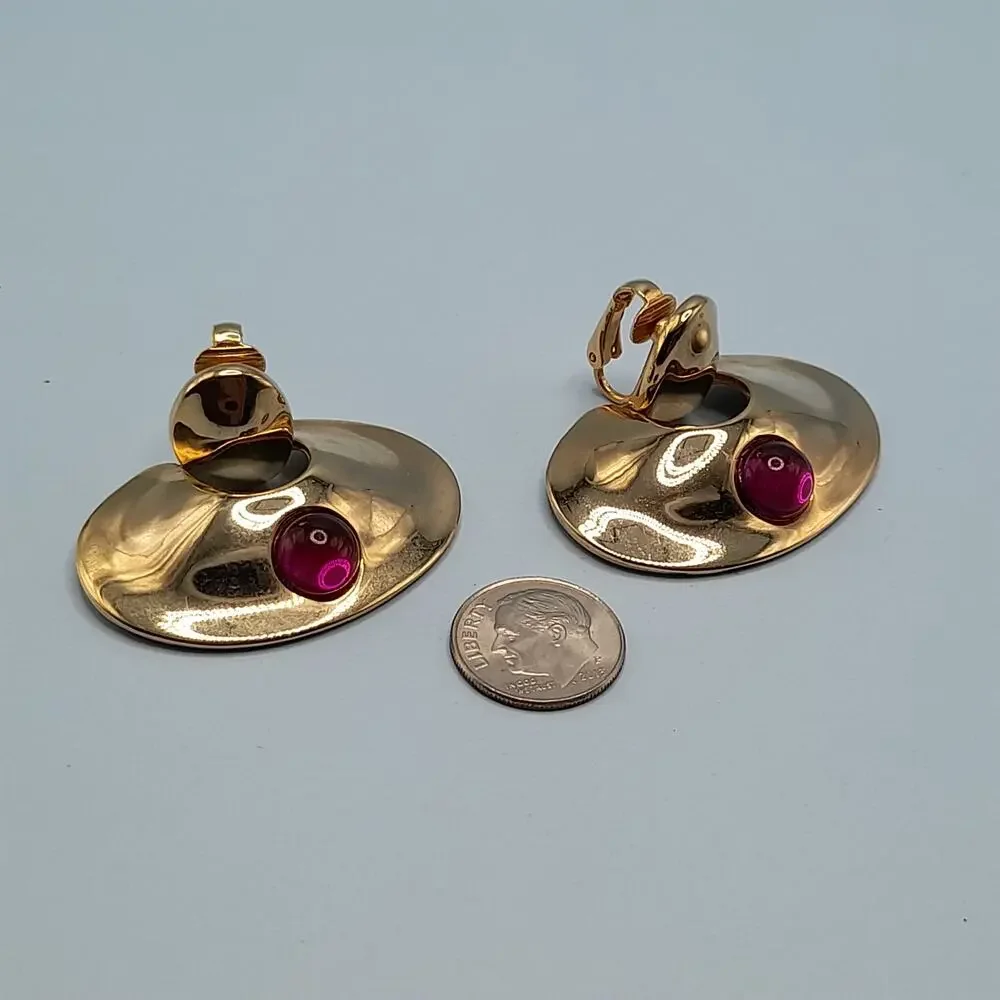 Vintage Chunky Dangle Clip Earrings, Purple Cabochons, Gold Tone, 1980s